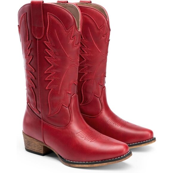 Women's Embroidered Red Stitched Chunky Mid Calf Snip Toe Heel Fashion Boot - Picture 6 of 8